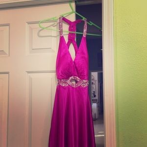 Fuchsia, floor length prom dress, cut out back